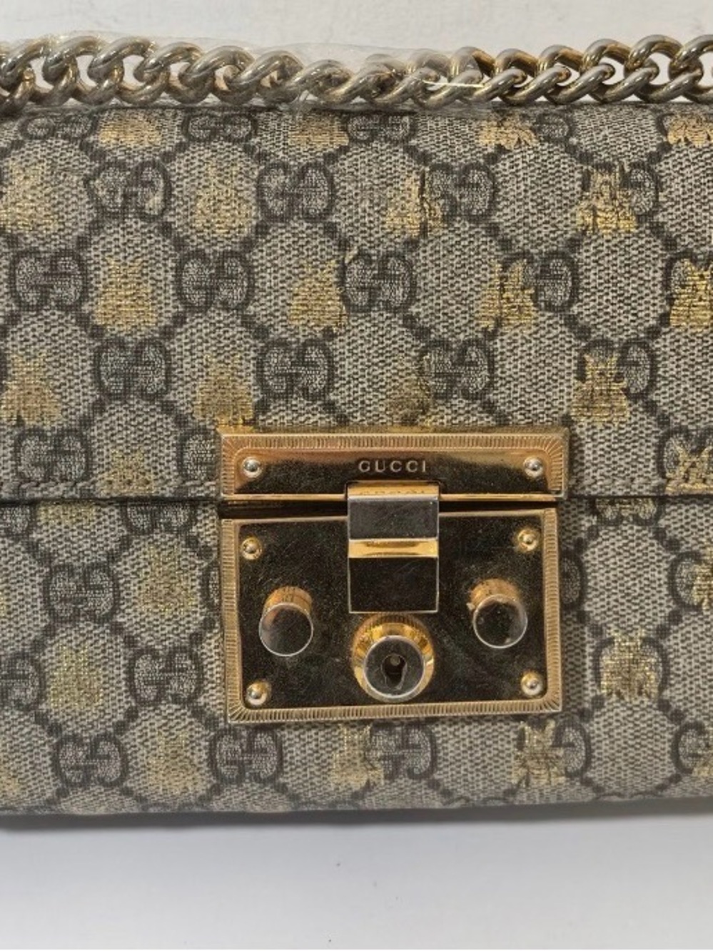 Gucci Beige Monogram Chain Shoulder Bag with Gold Hardware
